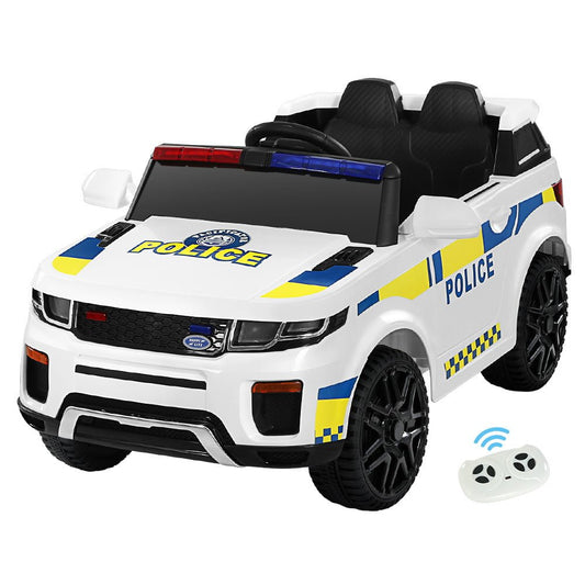 Rigo Kids 12V Electric Patrol Police Ride-On Car in White for fun, safe playtime.