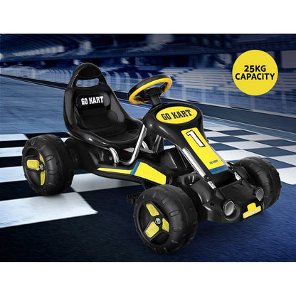 Kids pedal go kart with plastic tires in sleek black for fun home racing adventures.