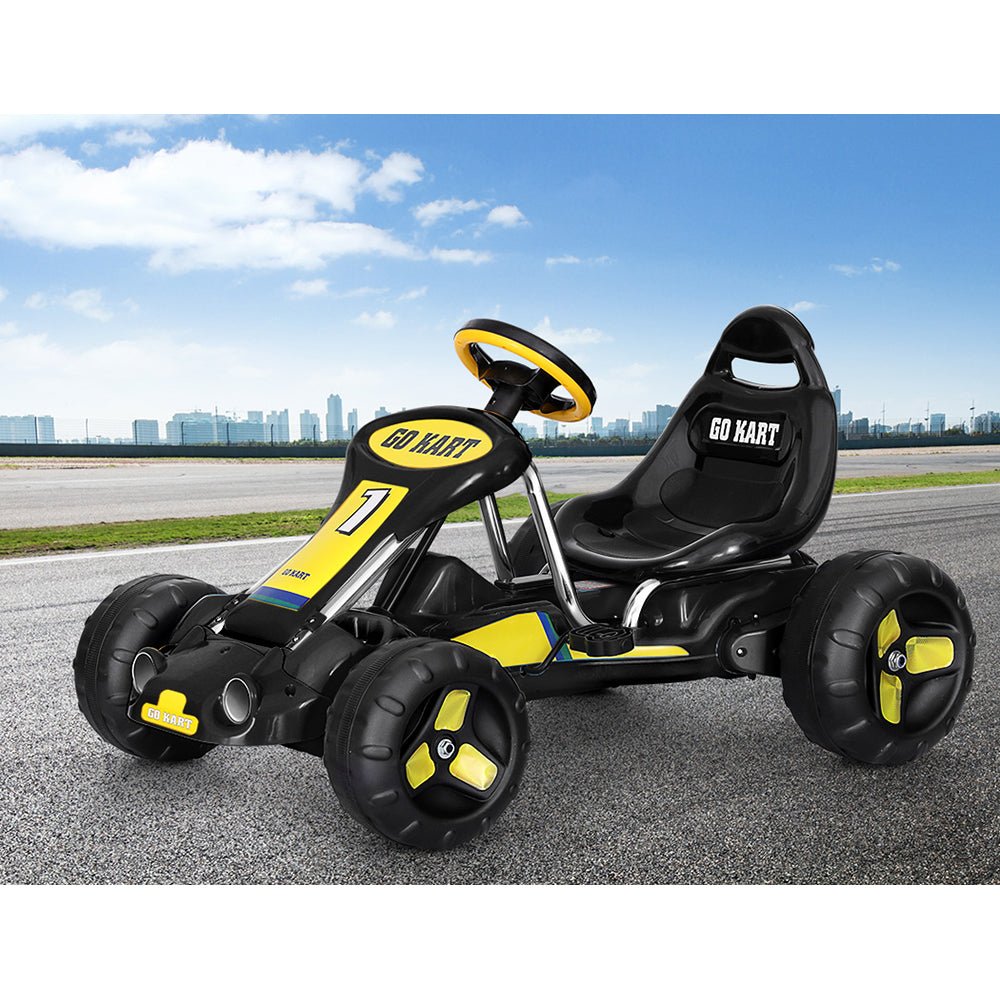 Black plastic-tyre Rigo Kids pedal go kart for fun home racing experiences.