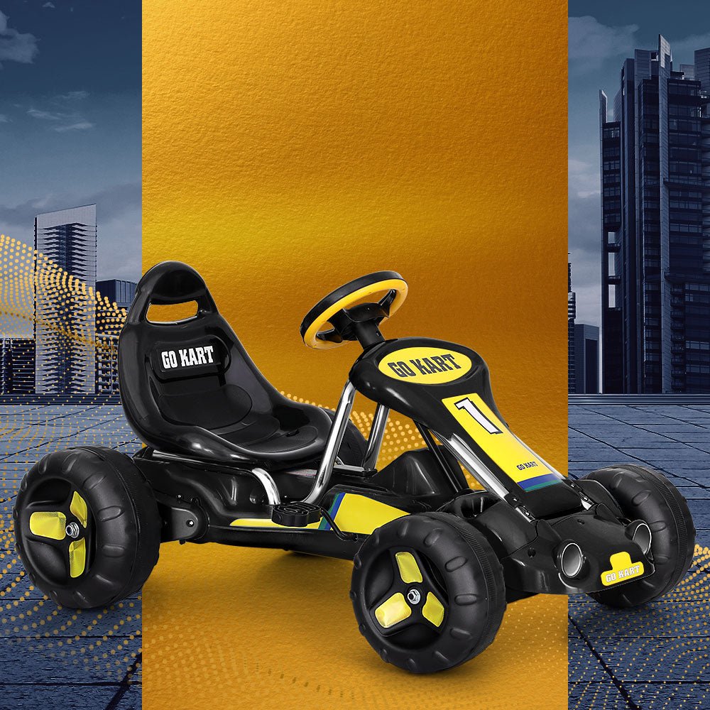 Rigo kids pedal go-kart with racing car design and durable plastic tires. Ideal for home fun.