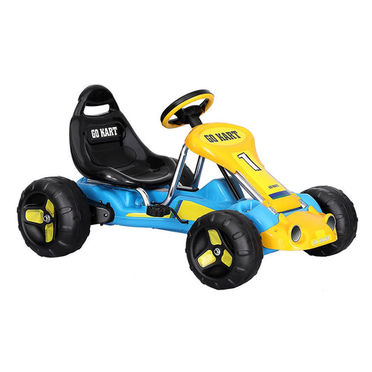 Kids blue pedal go-kart with plastic tires for racing fun at home.