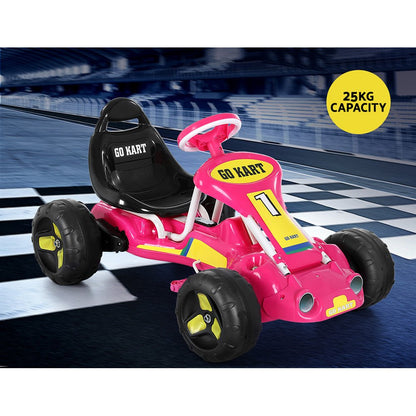 Pink pedal-powered go kart for kids with plastic tires, perfect for backyard racing fun.