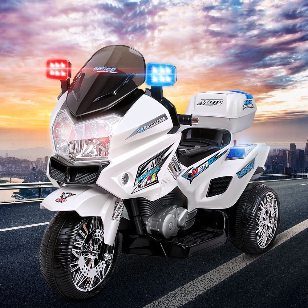 Kids police ride-on motorbike in white for imaginative play at home by Rigo.