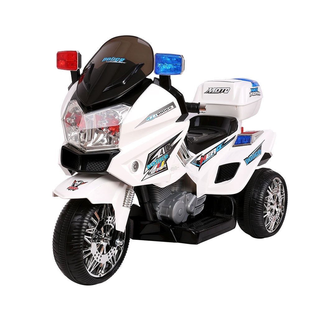 Kids police ride-on motorbike in white color, perfect for imaginative play at home.