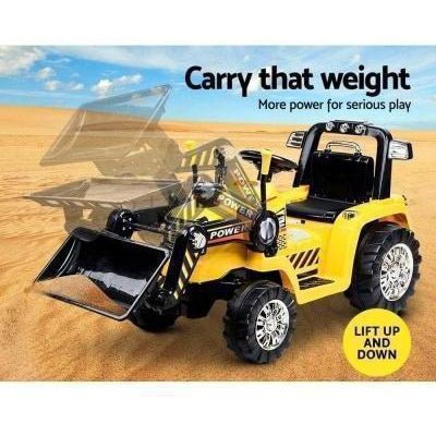 Yellow electric ride-on bulldozer digger for kids, perfect for fun and imaginative indoor play.