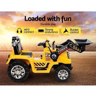 Yellow electric ride-on bulldozer digger car for kids, ideal for imaginative play at home.