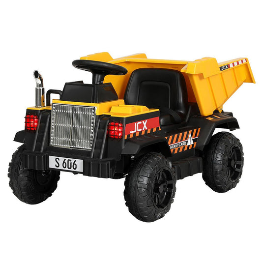 Yellow 12V electric bulldozer ride-on dump truck for kids, ideal for home play.