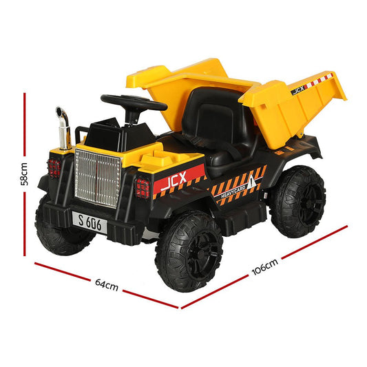 Yellow 12V electric bulldozer toy car for kids, perfect for interactive indoor playtime.