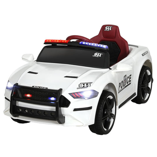 Kids electric police car toy in white, battery-powered with 12V for hours of fun.