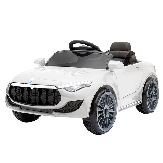 White 12V electric ride-on car for kids with remote control, LED lights, MP3 player.