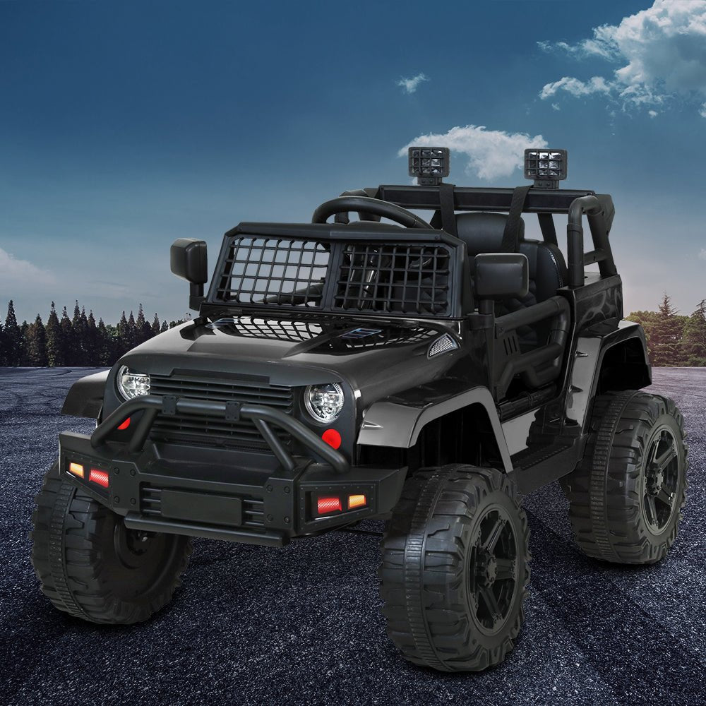 Black 12V ride-on car Jeep toy for kids, perfect for thrilling home adventures.