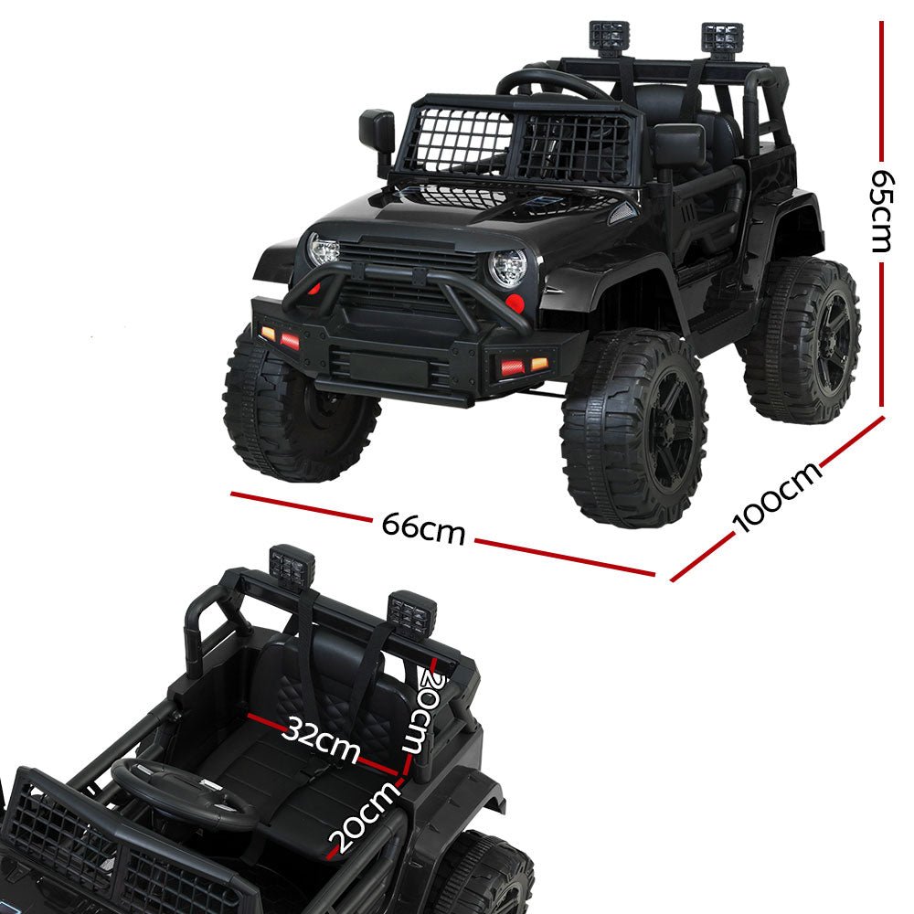 Black 12V Rigo Kids Ride-on Car Jeep Toy with realistic design for fun at home.