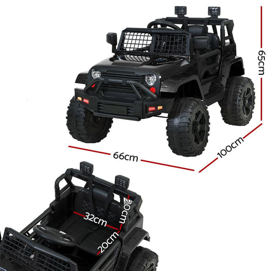 Black 12V Rigo Kids Ride-on Car Jeep Toy with realistic design for fun at home.