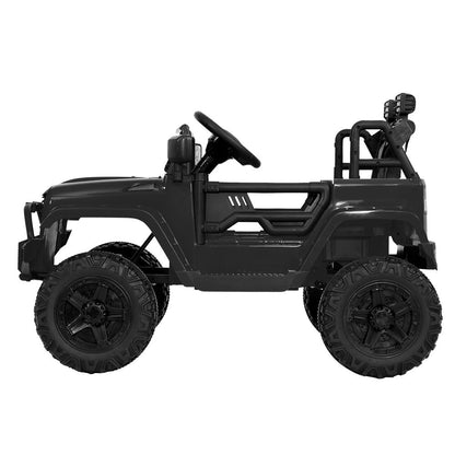 Black 12V Kids Ride on Car Jeep Toy with realistic design for home fun.