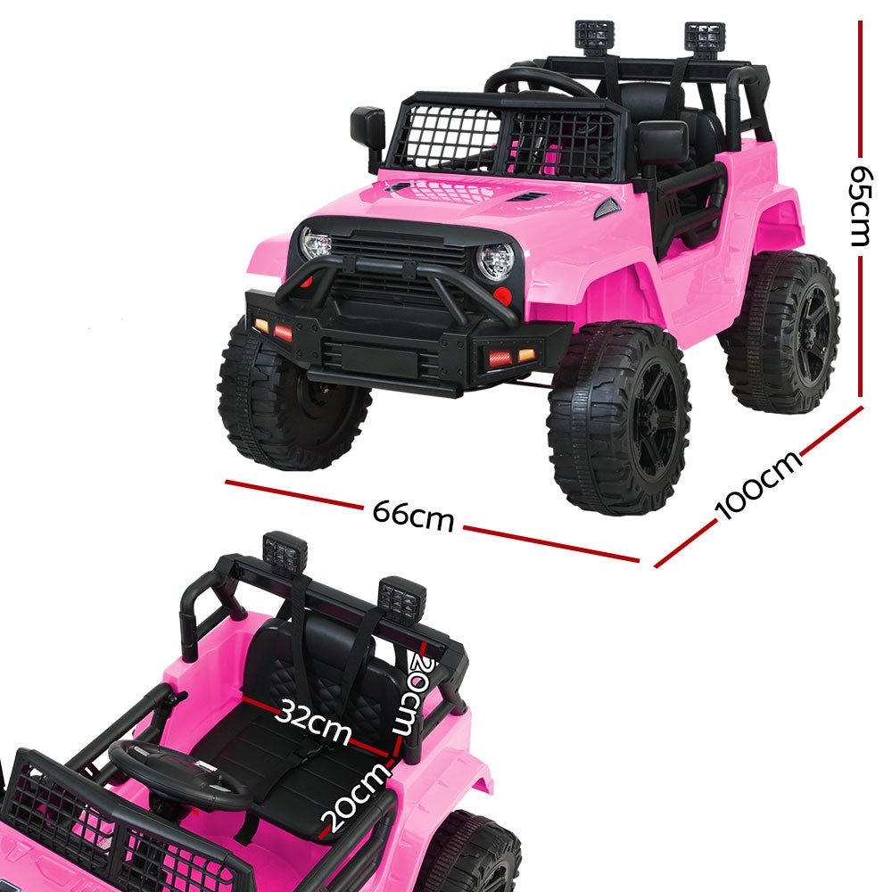 Pink 12V ride-on Jeep toy for kids, ideal for indoor/outdoor play, features realistic design.