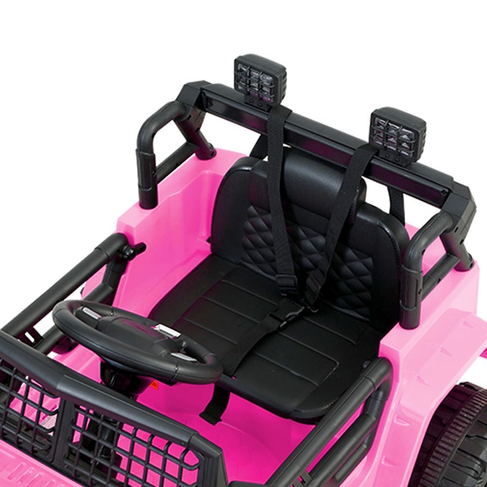 Pink 12V ride-on Jeep toy car for kids, perfect for home fun adventures.