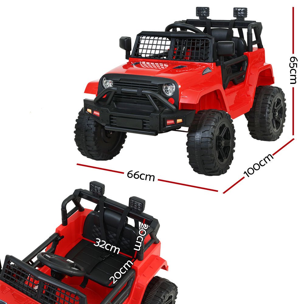 Red 12V kids ride-on jeep toy, perfect for indoor/outdoor fun, featuring realistic design.