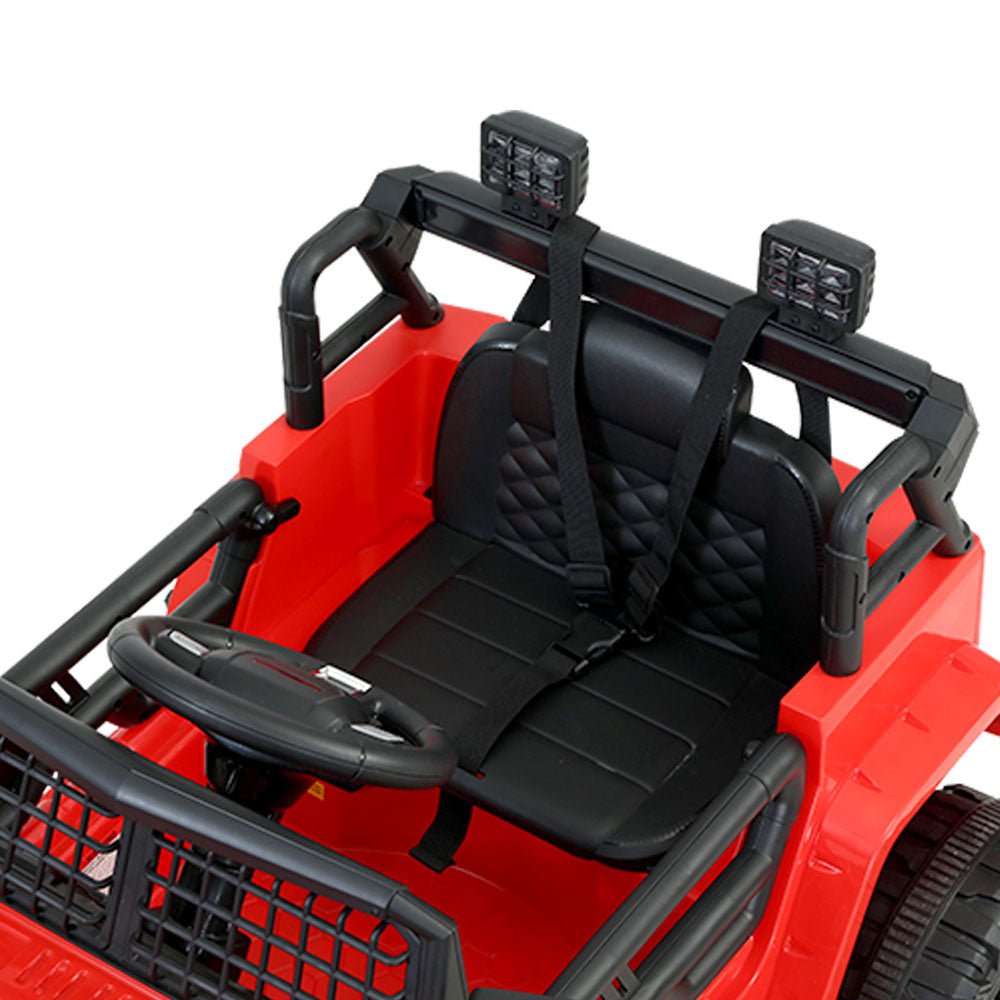 Red 12V kids ride-on jeep toy car, perfect for indoor/outdoor playful adventures.