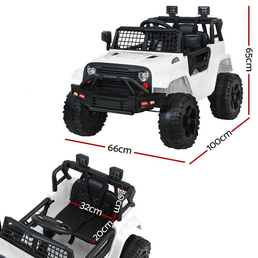 White 12V ride-on Jeep toy for kids, ideal for outdoor play at home.