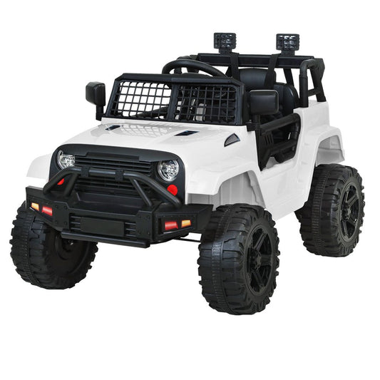 Kids white 12V ride-on Jeep toy car for fun and adventurous play at home.