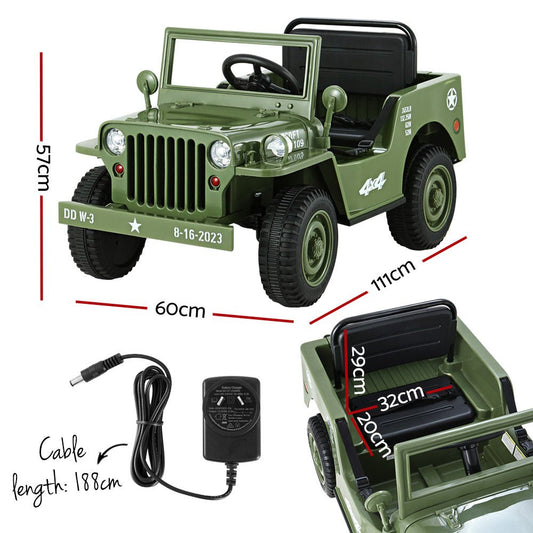 Ride-on off-road toy car in olive color, 12V battery, perfect for kids outdoor adventures.