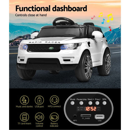 White 12V Range Rover ride-on car for kids, perfect for home playtime adventures.