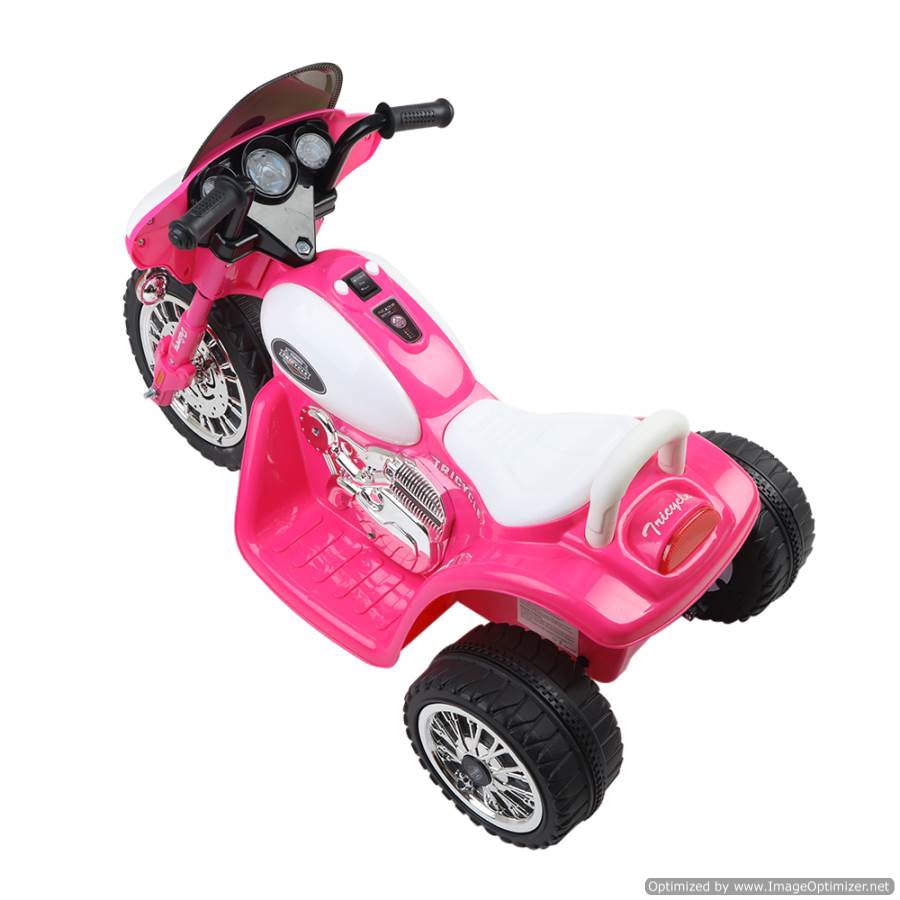 Pink Harley-style kids ride-on motorbike for fun indoor playtime adventures.