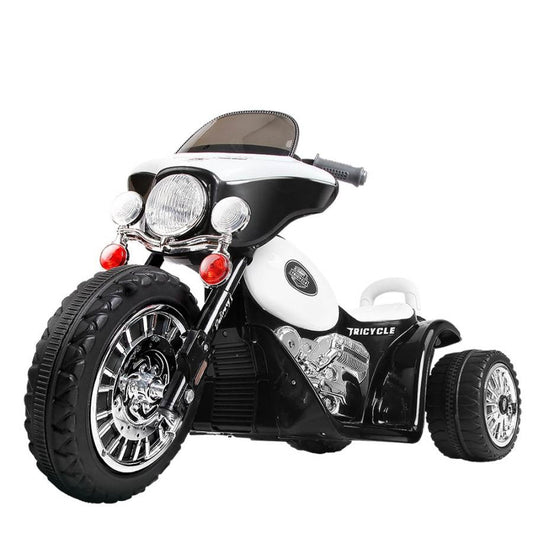 Kids ride-on motorbike toy in black and white Harley style for fun indoor play.