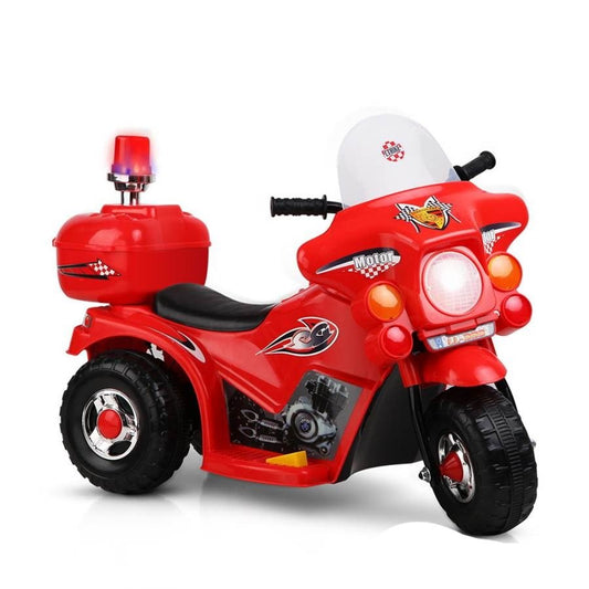 Red kids ride-on motorbike car for fun playtime, perfect home entertainment for children.