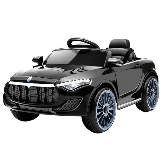 Rigo Maserati inspired 12v ride-on car in sleek black design for kids play at home.