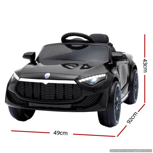 Black 12V kids ride-on car inspired by Maserati, exciting playtime choice for young drivers.