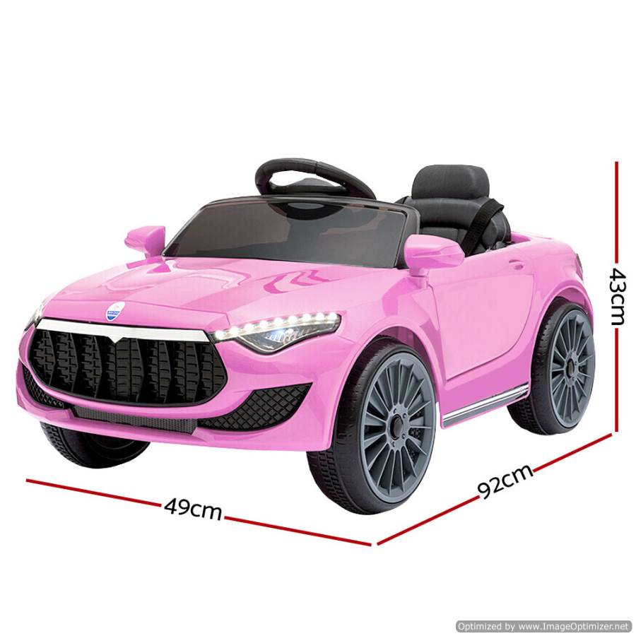 Pink 12v ride-on car, Maserati-inspired design, ideal for kids home play and learning fun.