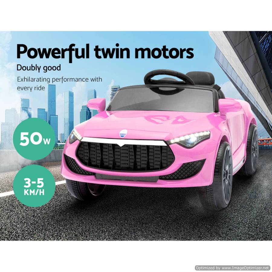 Pink 12v ride-on car for kids inspired by Maserati, perfect for home playtime.