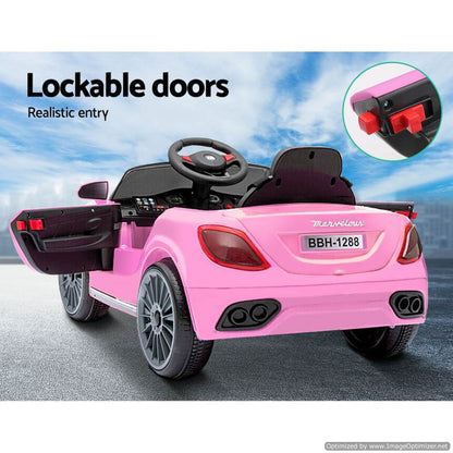 Pink 12v ride-on car for kids, inspired by Maserati, perfect for imaginative play at home.