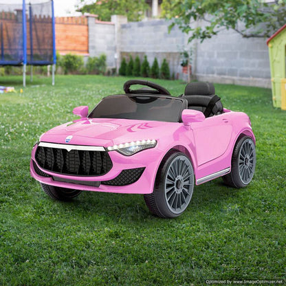 Rigo Maserati-inspired 12v ride-on car in pink for fun and stylish kids playtime.