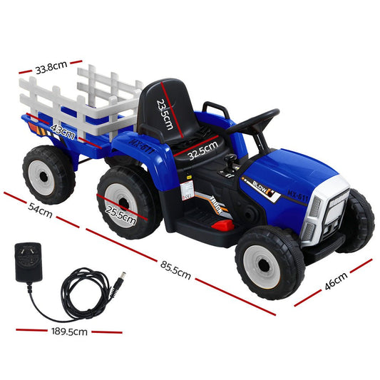 Blue 12V battery-powered Rigo Ride On Tractor Trailer Toy for childrens electric car play.