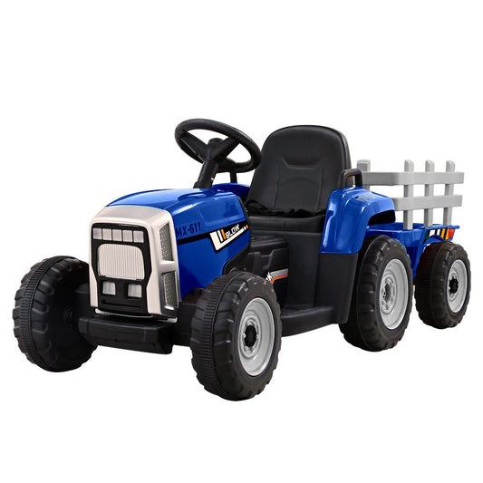 Kids 12V electric blue tractor trailer toy car for fun indoor playtime.