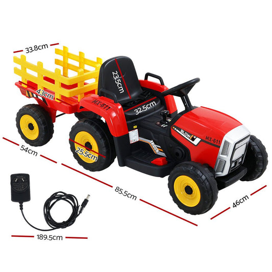 Red 12V battery-powered Rigo Ride On Tractor Trailer Toy for kids at home.