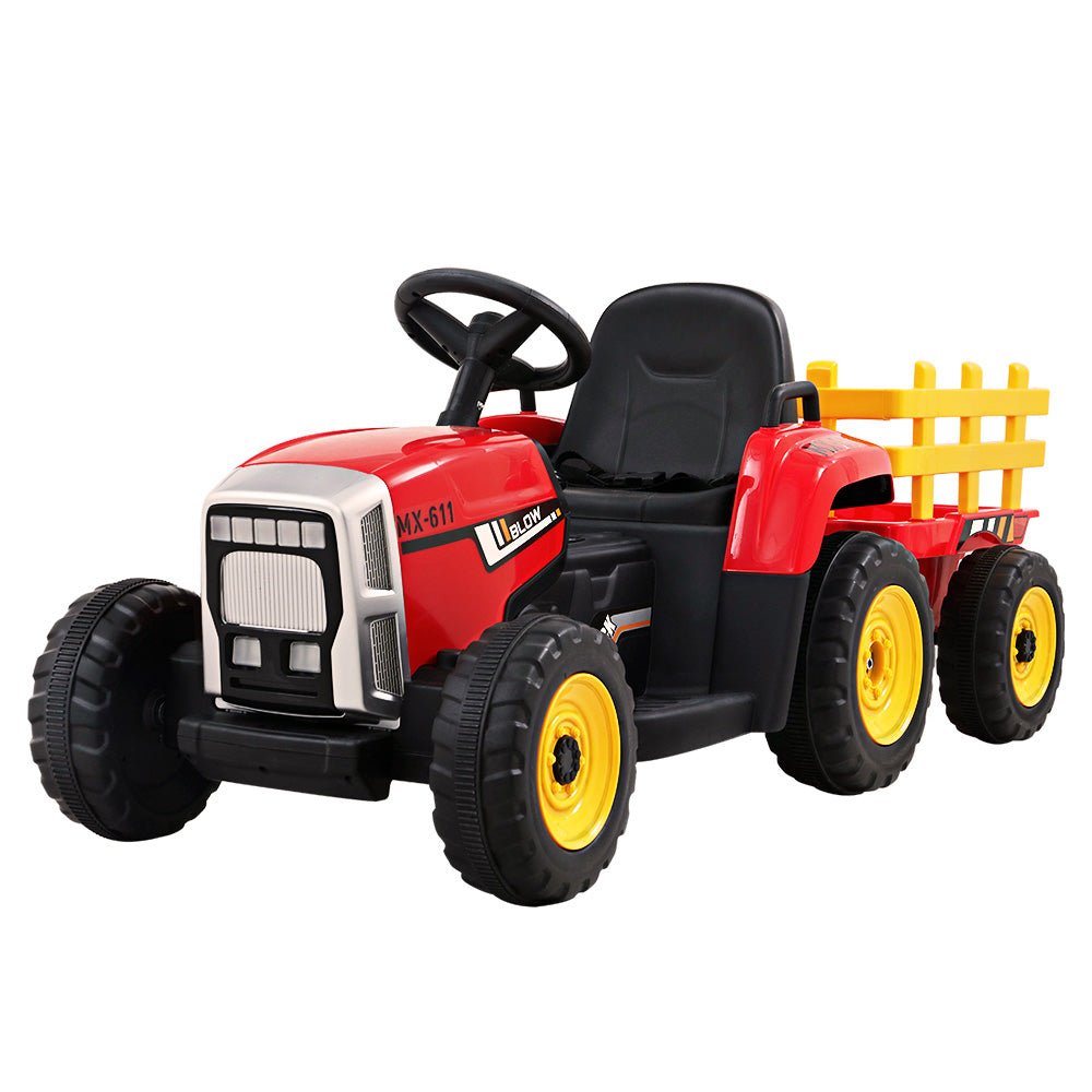 Red battery-powered Ride On Car Tractor Trailer Toy for kids indoor and outdoor play.