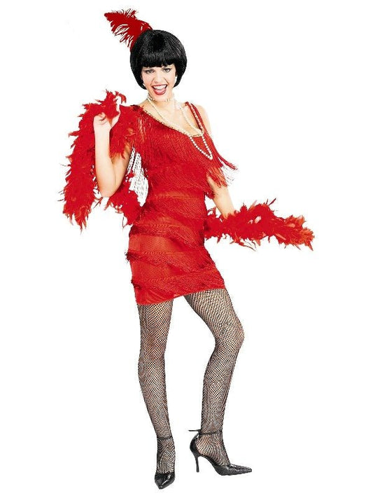 Red 1920s flapper costume for girls with headpiece, perfect for themed dress-up play at home.