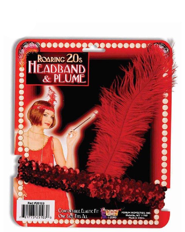 Red sequin and feather flapper headband for kids, perfect for Roaring 20s dress-up play.