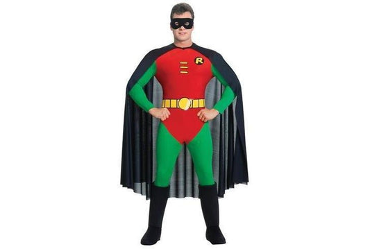 Adult Robin costume for kids dress-up play, featuring iconic superhero design. Home use ready.