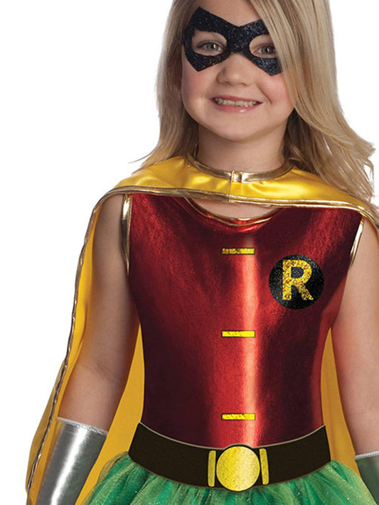 DC Comics Robin costume for kids with dress, cape, and accessories, perfect for playtime.