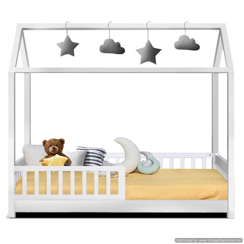 Kids Furniture Rock Wooden House Bed Frame Single Size White