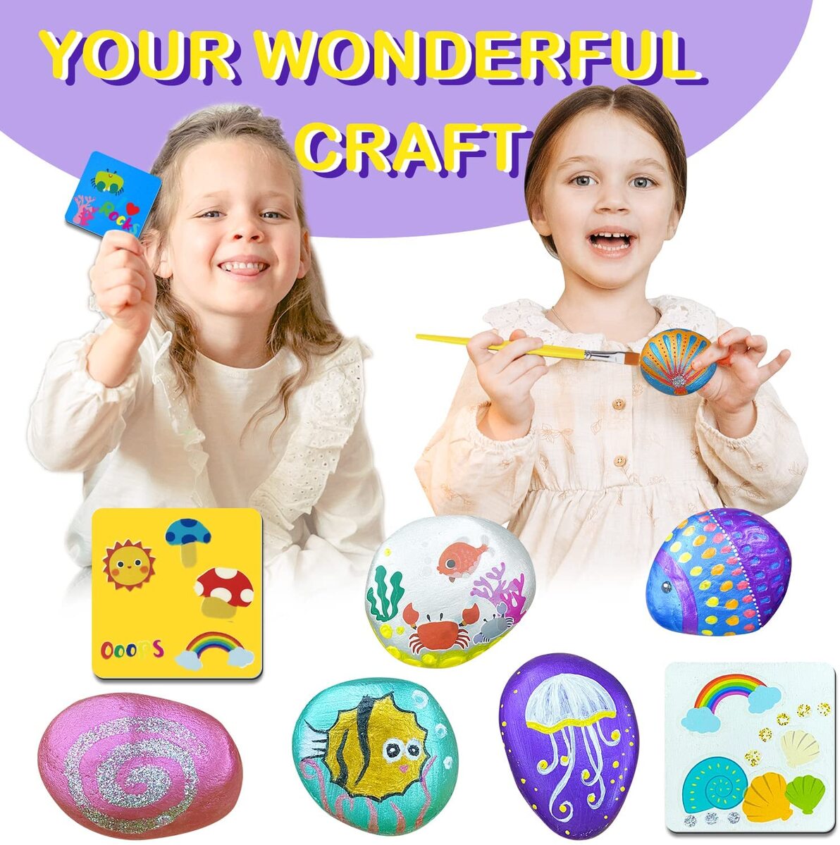 Colorful rock painting kit with metallic paints and glitter glues for creative kids at home.