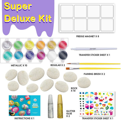 Metallic paint and glitter glue set for creative rock painting activities at home.