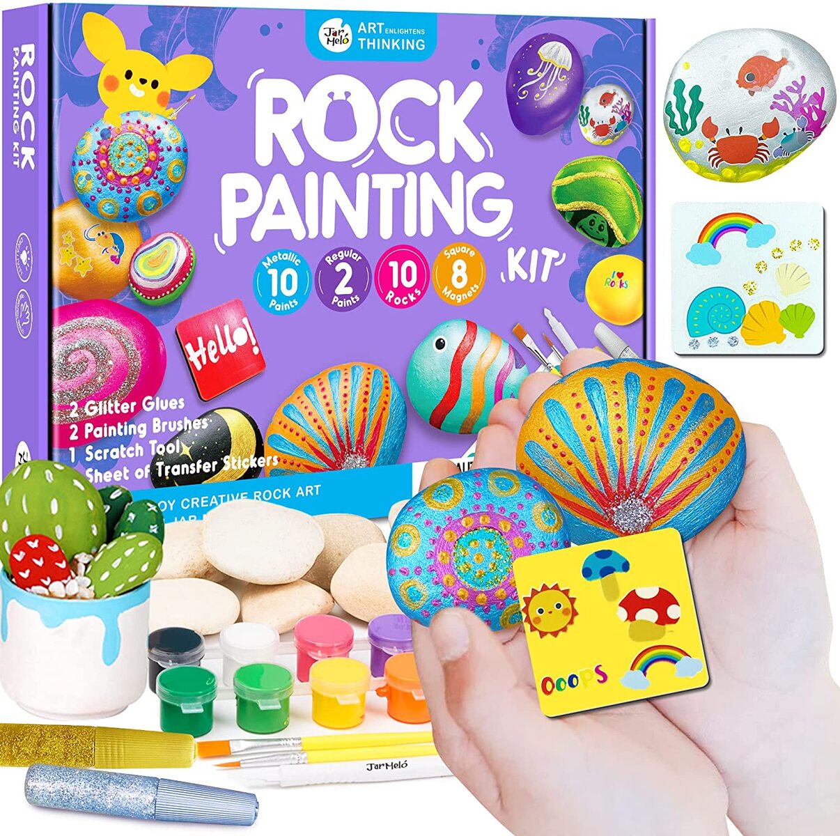 Kids rock painting kit with metallic paints and glitter glues for creative DIY projects