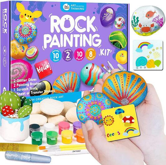 Kids rock painting kit with metallic paints and glitter glues for creative DIY projects