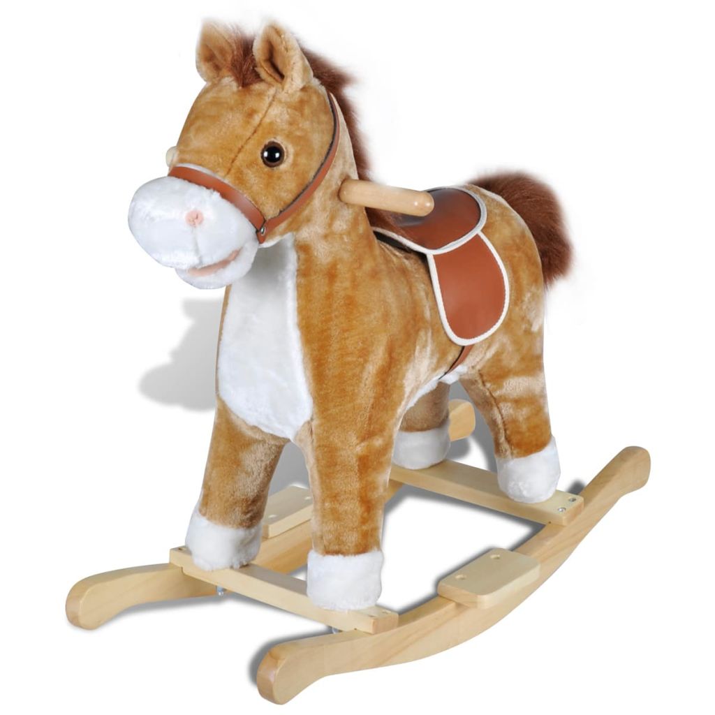 Soft and safe plush rocking horse toy with padded seat for toddlers at home.