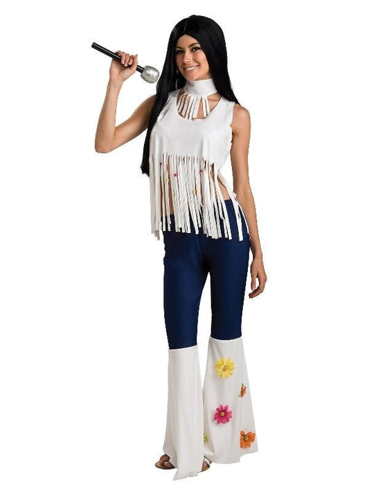 Retro Rockstar Adult Ladies Costume with 60s Flower Power design for themed parties.